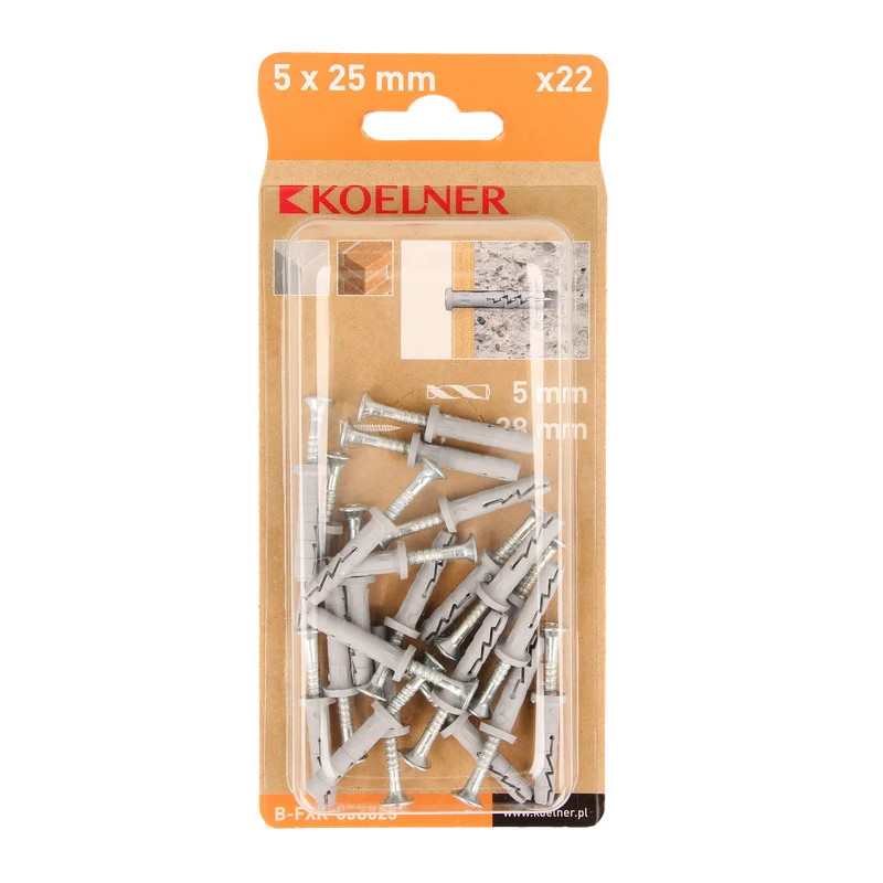 KOELNER Kołek wbijany szybkiego montażu z kołnierzem cylindrycznym FX-C 5x25 mm - blister - 22 szt.