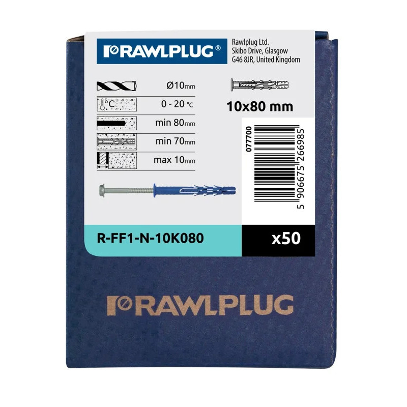 RAWLPLUG Kołek ramowy z kołnierzem z ocynkowanym wkrętem z łbem heksagonalnym R-FF1 10x80  mm - opakowanie kartonowe - 50 szt.