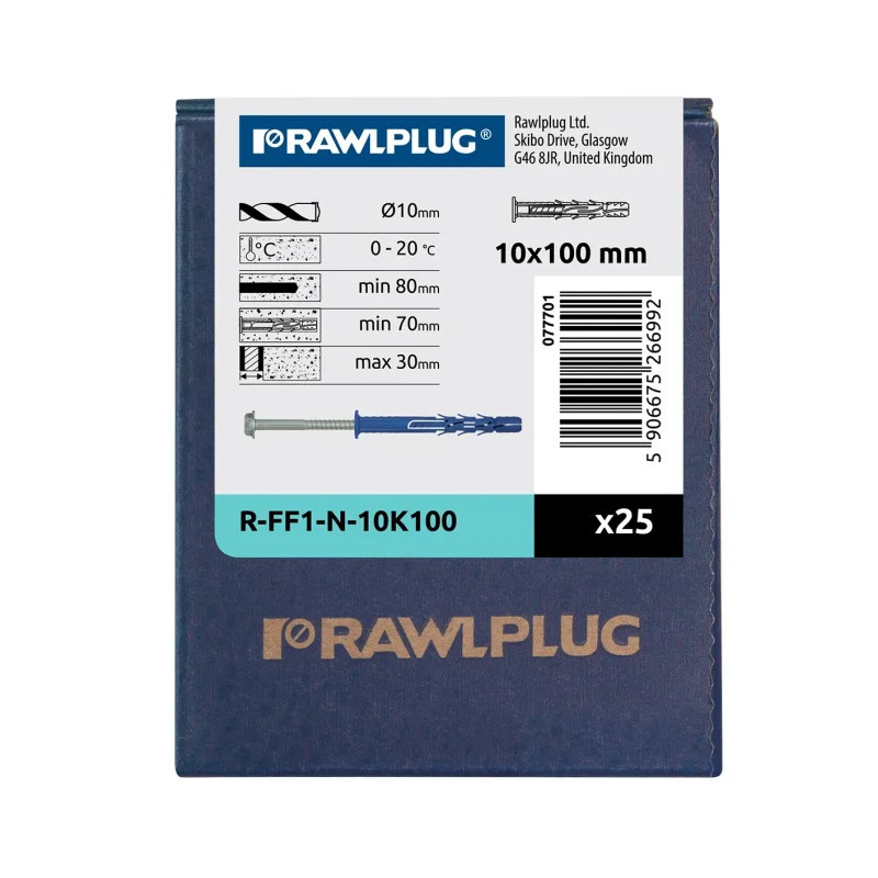 RAWLPLUG Kołek ramowy z kołnierzem z ocynkowanym wkrętem z łbem heksagonalnym R-FF1 10x100  mm - opakowanie kartonowe - 25 szt.