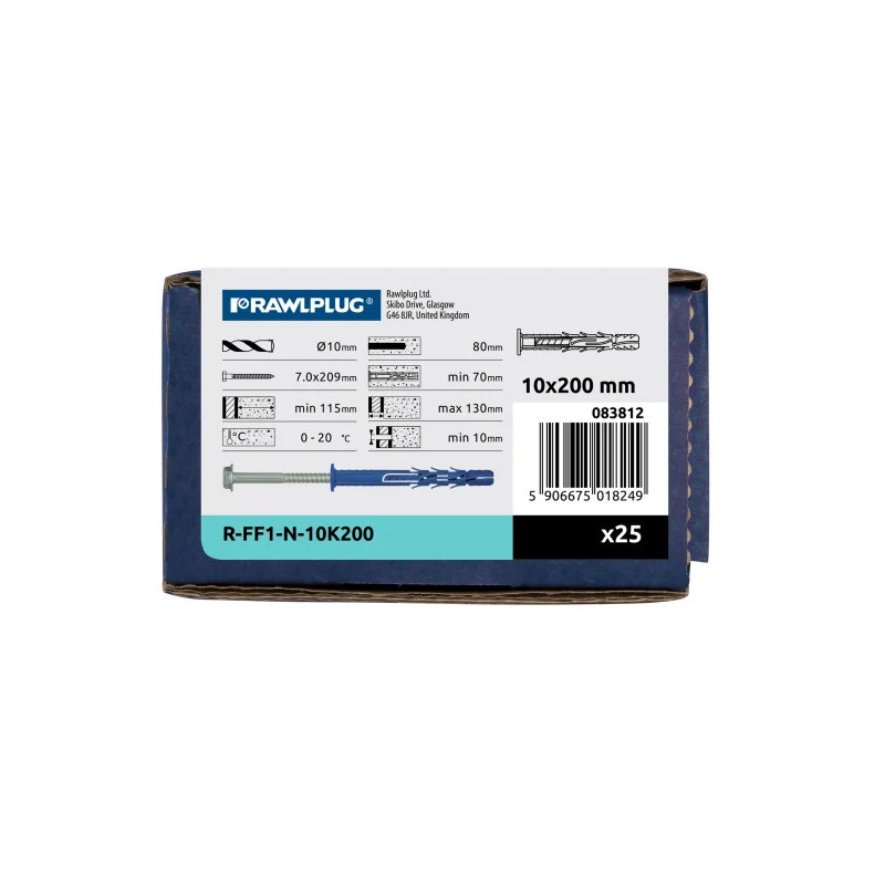 RAWLPLUG Kołek ramowy z kołnierzem z ocynkowanym wkrętem z łbem heksagonalnym R-FF1 10x200  mm - opakowanie kartonowe - 25 szt.