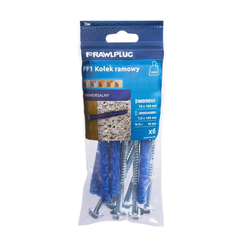 RAWLPLUG Kołek ramowy z kołnierzem z ocynkowanym wkrętem z łbem heksagonalnym R-FF1 10x100  mm - worek foliowy - 6 szt