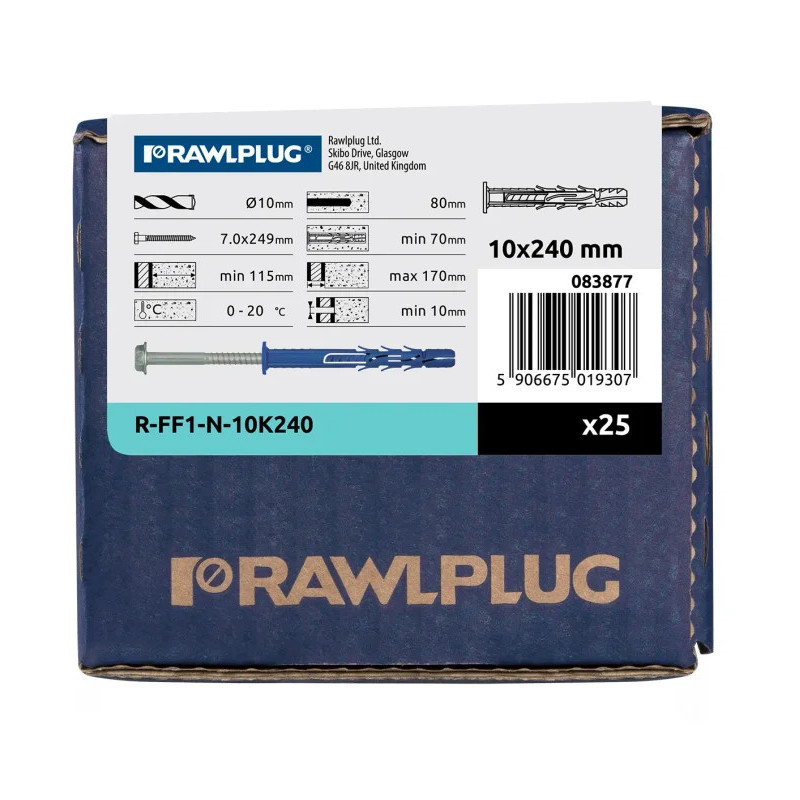 RAWLPLUG Kołek ramowy z kołnierzem z ocynkowanym wkrętem z łbem heksagonalnym R-FF1 10x300  mm - opakowanie kartonowe- 10 szt.